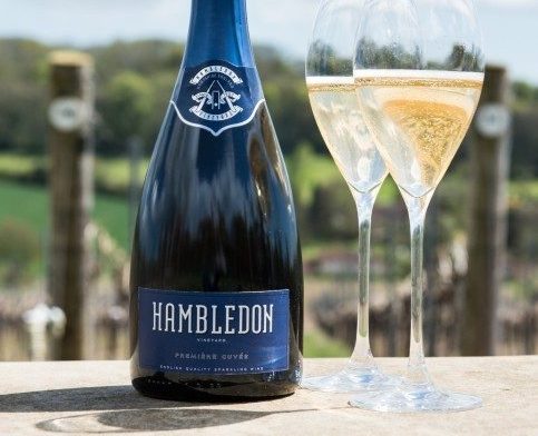 Bottle of Hambledon Premiere Cuvee and glasses of sparkling wine in front of Hambledon vineyard