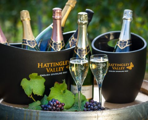 Bottles of Hattingley English sparkling wine in ice buckets on a wine barrel with glasses of sparkling wine