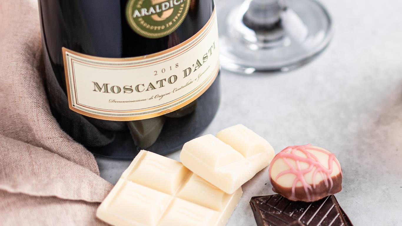 Bottle of Moscato d'Asti and flute with chocolates