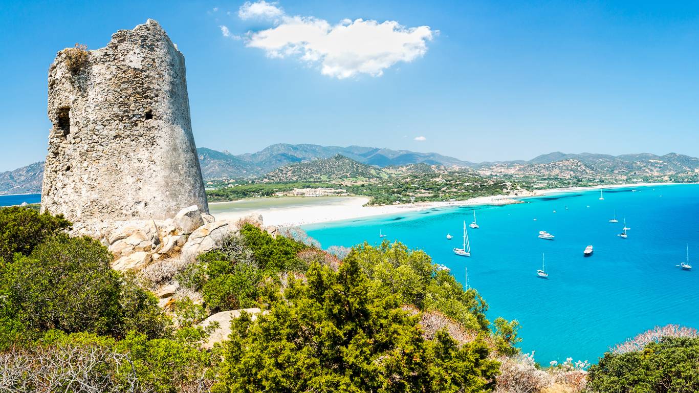 Panoramic view of Porto Giunco bay. Sardinia Island. Italy.
