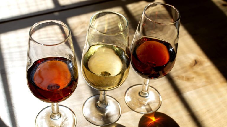 Three glasses of different sweet wines