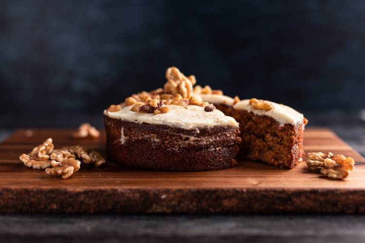 Carrot cake with walnuts on top
