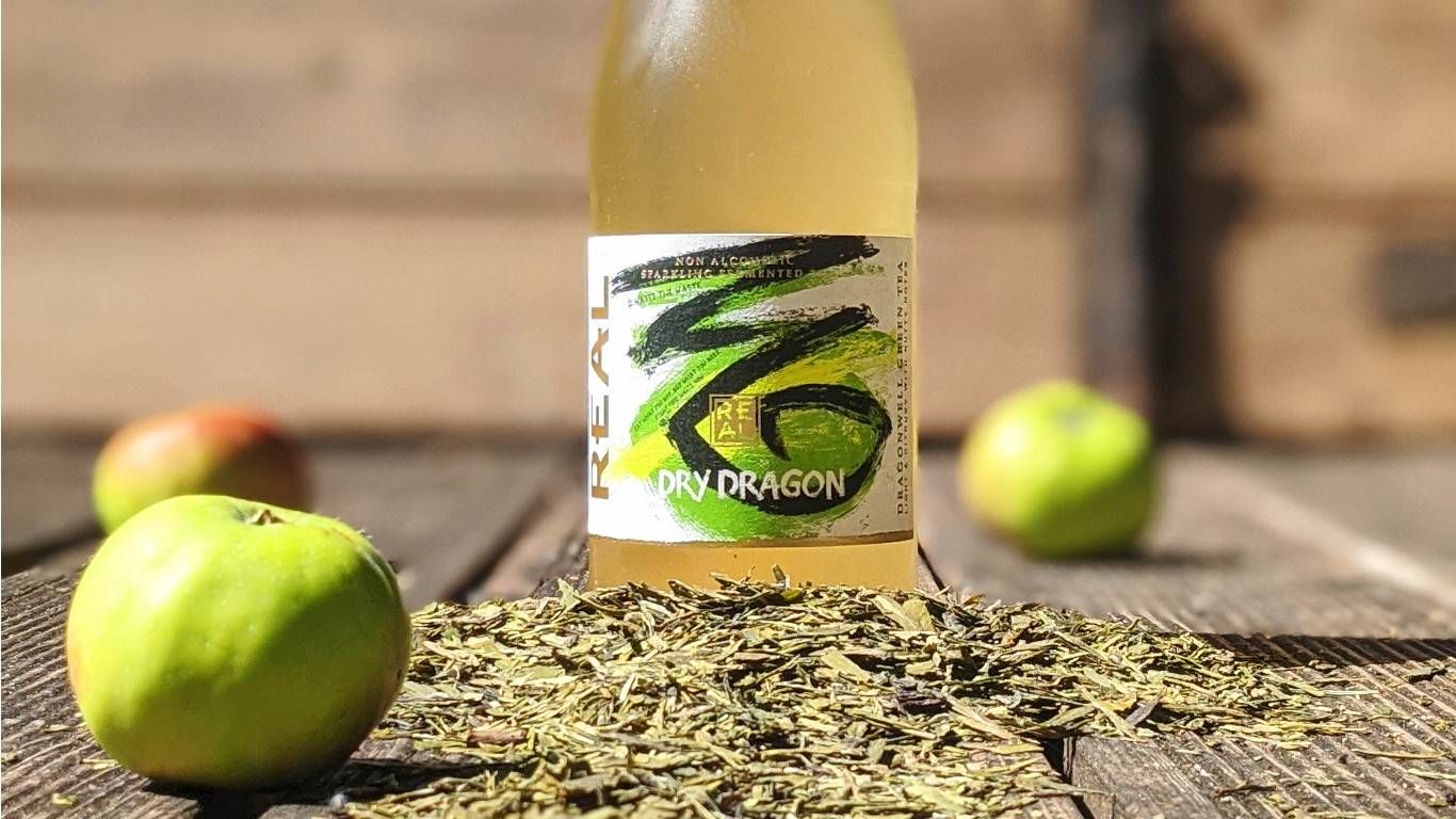 REAL Kombucha Dry Dragon on a bench with loose tea and apples