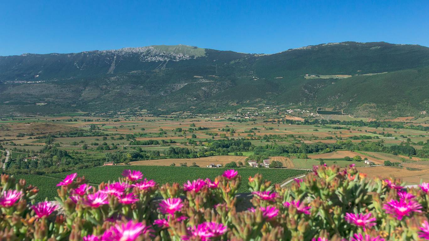 Summer rural green valley landscape with mountains in Italian Abruzzo