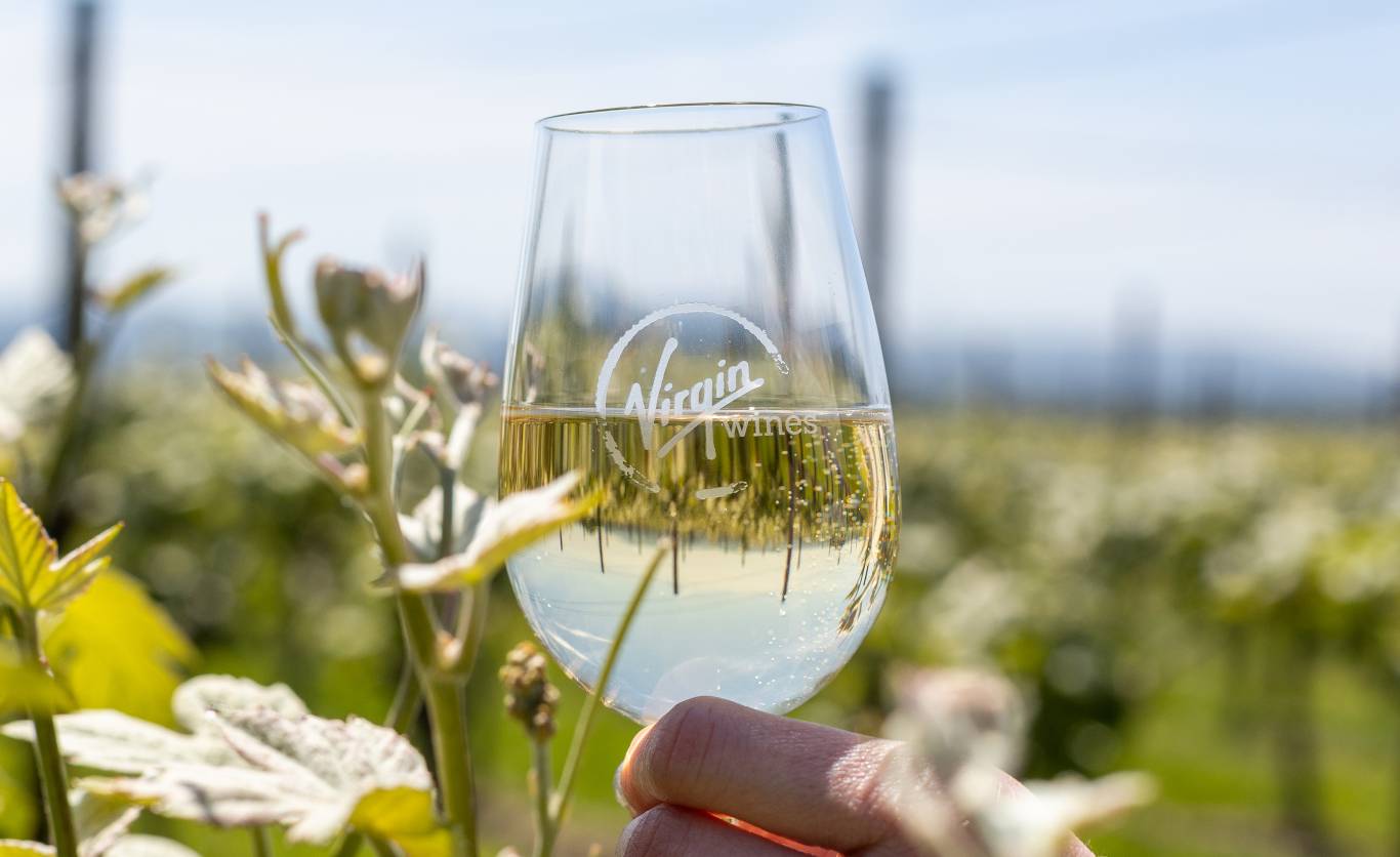 Closeup of a Virgin Wines branded tasting glass containing sparkling wine with Henners vineyard in the background