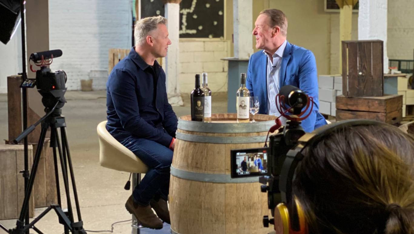 Andrew Baker, Buying Director at Virgin Wines, interviewing Phil Tufnell on camera
