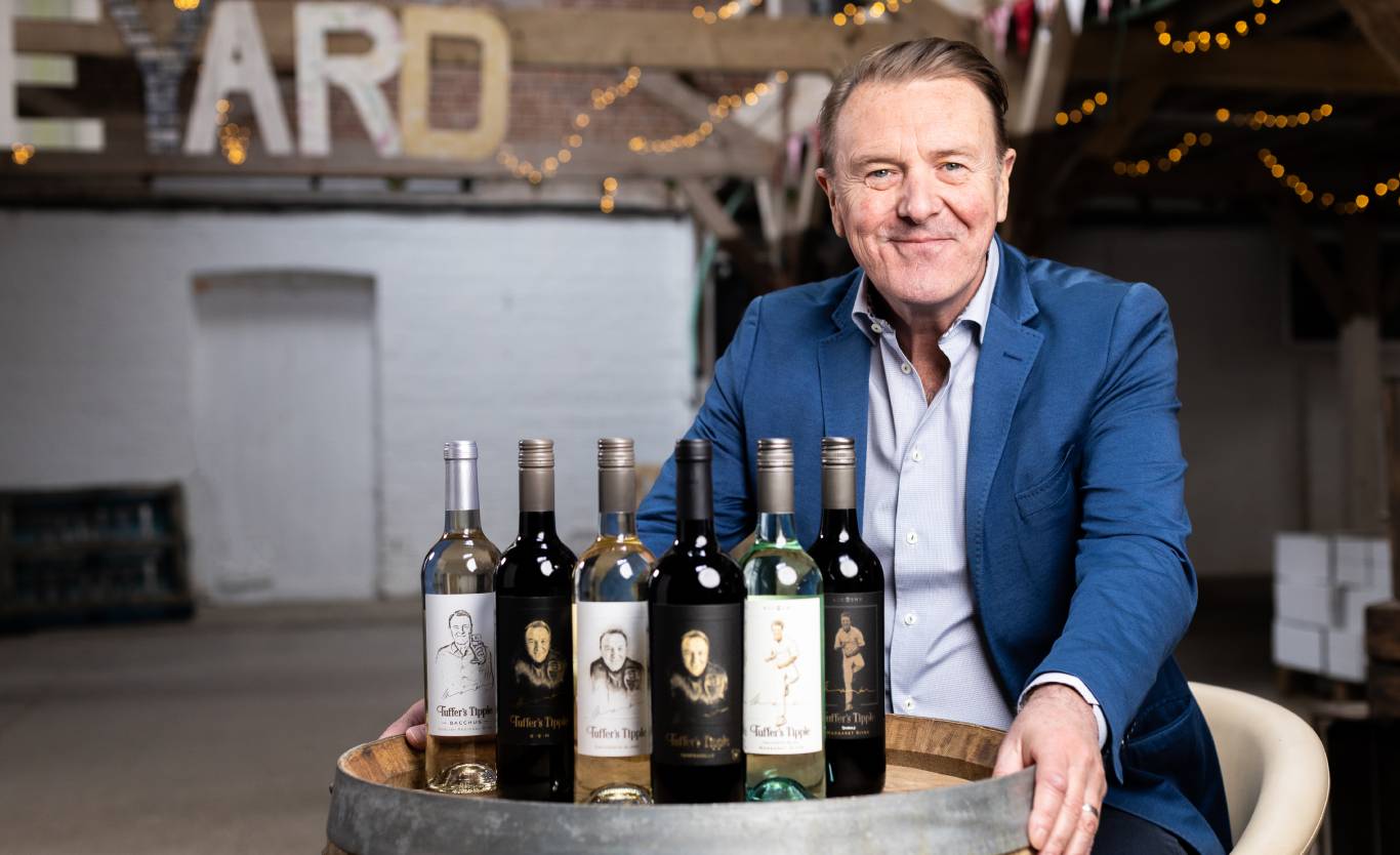 Phil Tufnell with all six bottles from his Tuffers' Tipple wine range