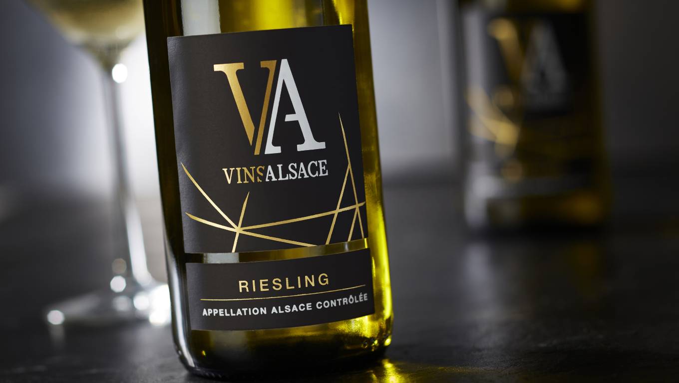 Close up of Vins Alsace Riesling bottle