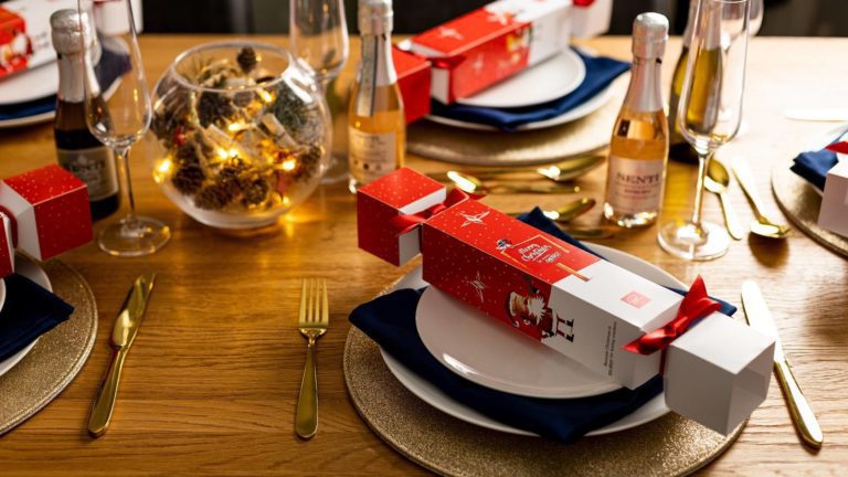 Virgin Wines crackers displayed on a set dinner table