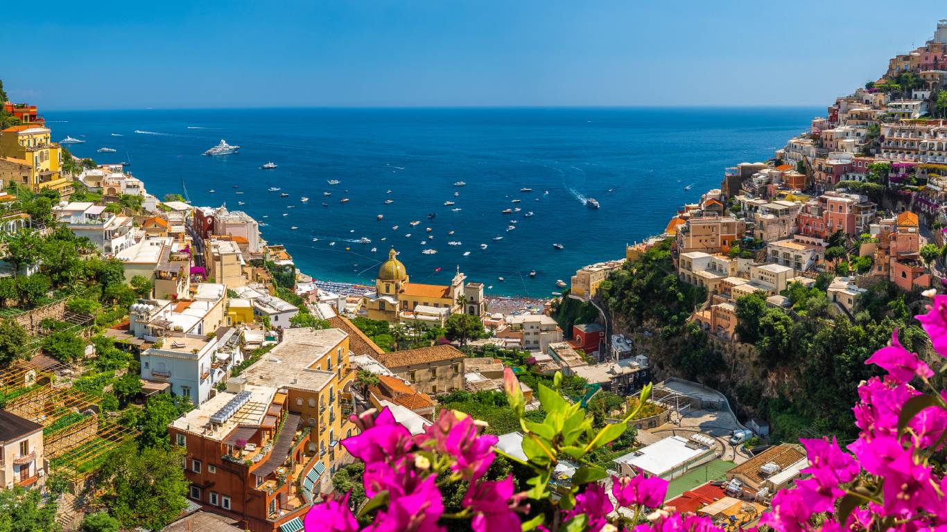 A beautiful view overlooking Positano town and the famous Amalfi Coast in Italy