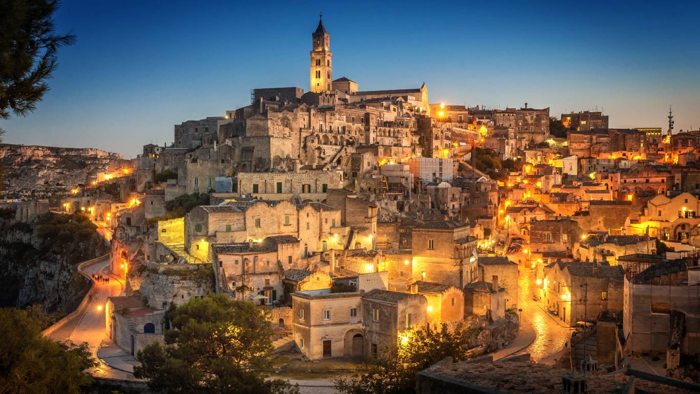 Ancient town of Matera at sunset in Basilicata region of Italy