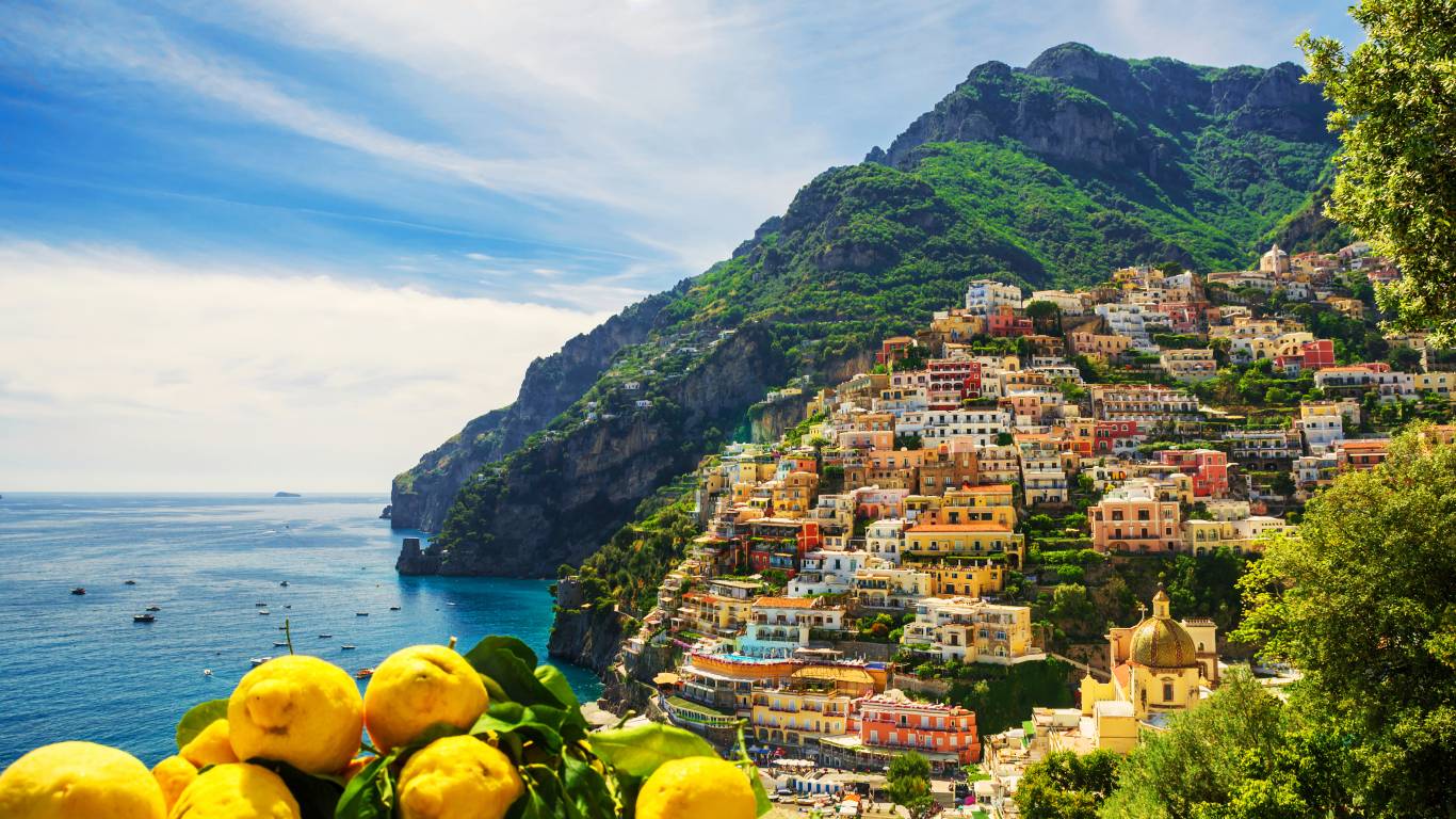 Stunning views overlooking Positano town and the famous Amalfi Coast in Italy
