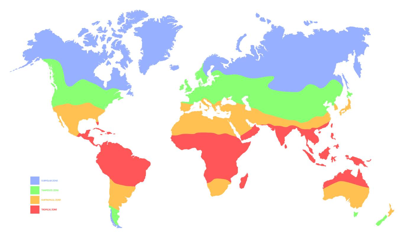 Map of the world showing climate zones with a colour key