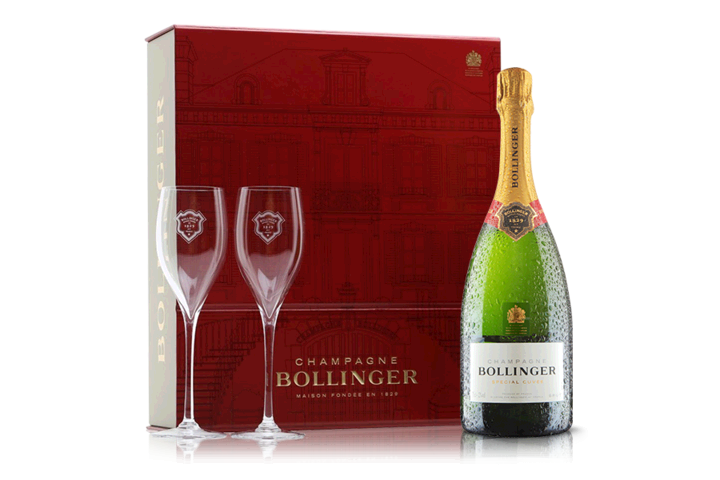 Champagne Bollinger Special Cuvee with Champagne Flutes in Branded Gift Box