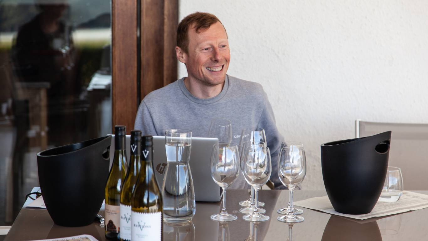 Dave Roberts, Wine Buyer at Virgin Wines, tasting wine at a winery in the Western Cape, South Africa