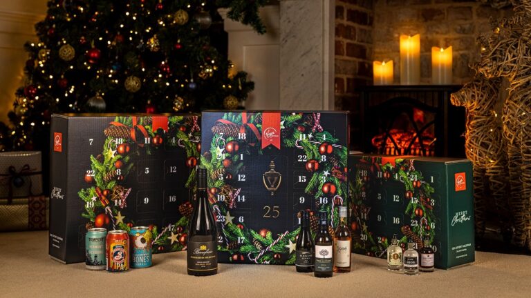 Virgin Wines advent calendars on display in front of a christmas tree
