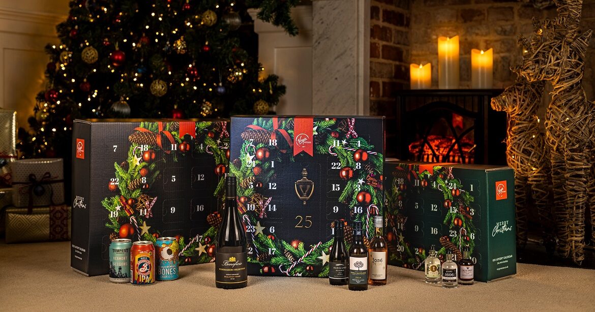 Virgin Wines advent calendars on display in front of a christmas tree
