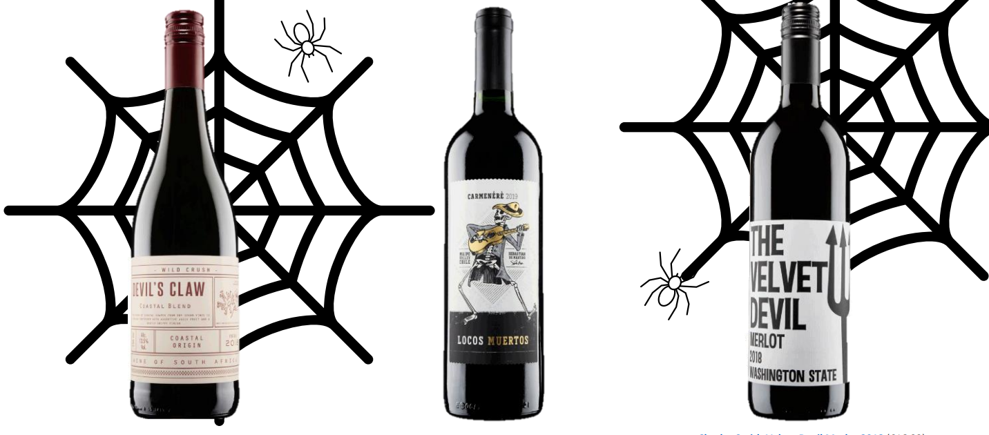 3 bottles of wine that all have a halloweeny theme