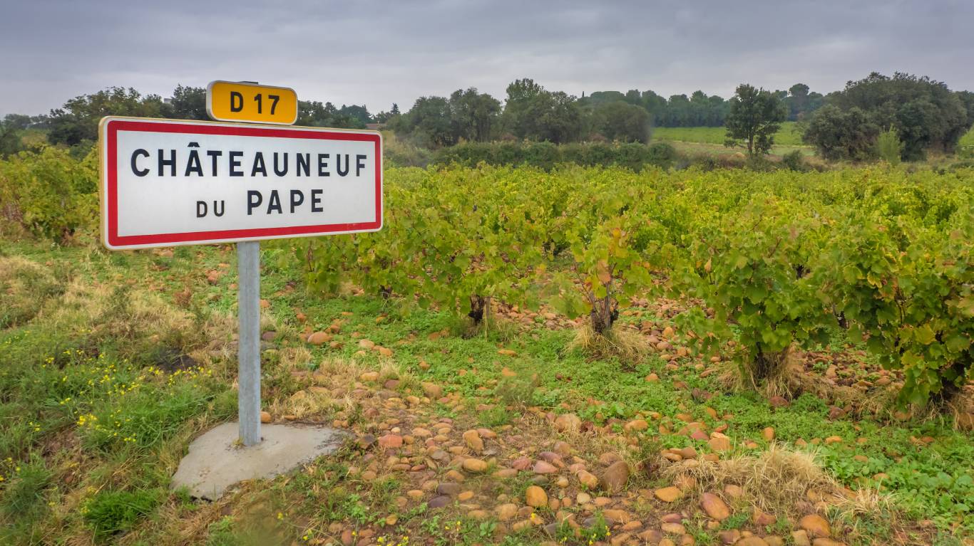 Chateauneuf-du-Pape sign in front of the vineyard