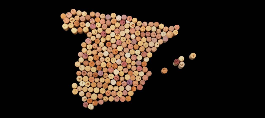 Map of Spain made with wine corks on a black background