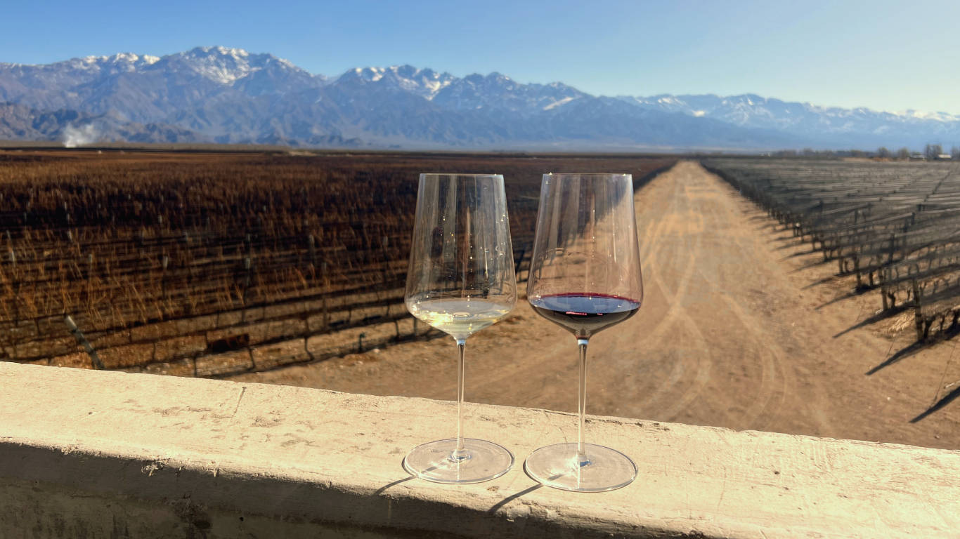 Two wine glasses in front of vineyard and famous mountain views in Mendoza Argentina