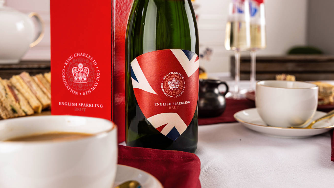 Close up of Coronation Limited Edition English Sparkling Brut by Virgin Wines for the Coronation of King Charles