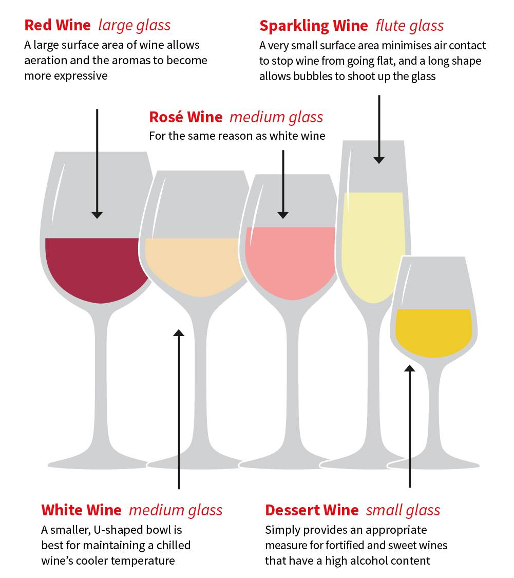 Infographic by Virgin Wines showing the best glass sizes and shapes for each style of wine