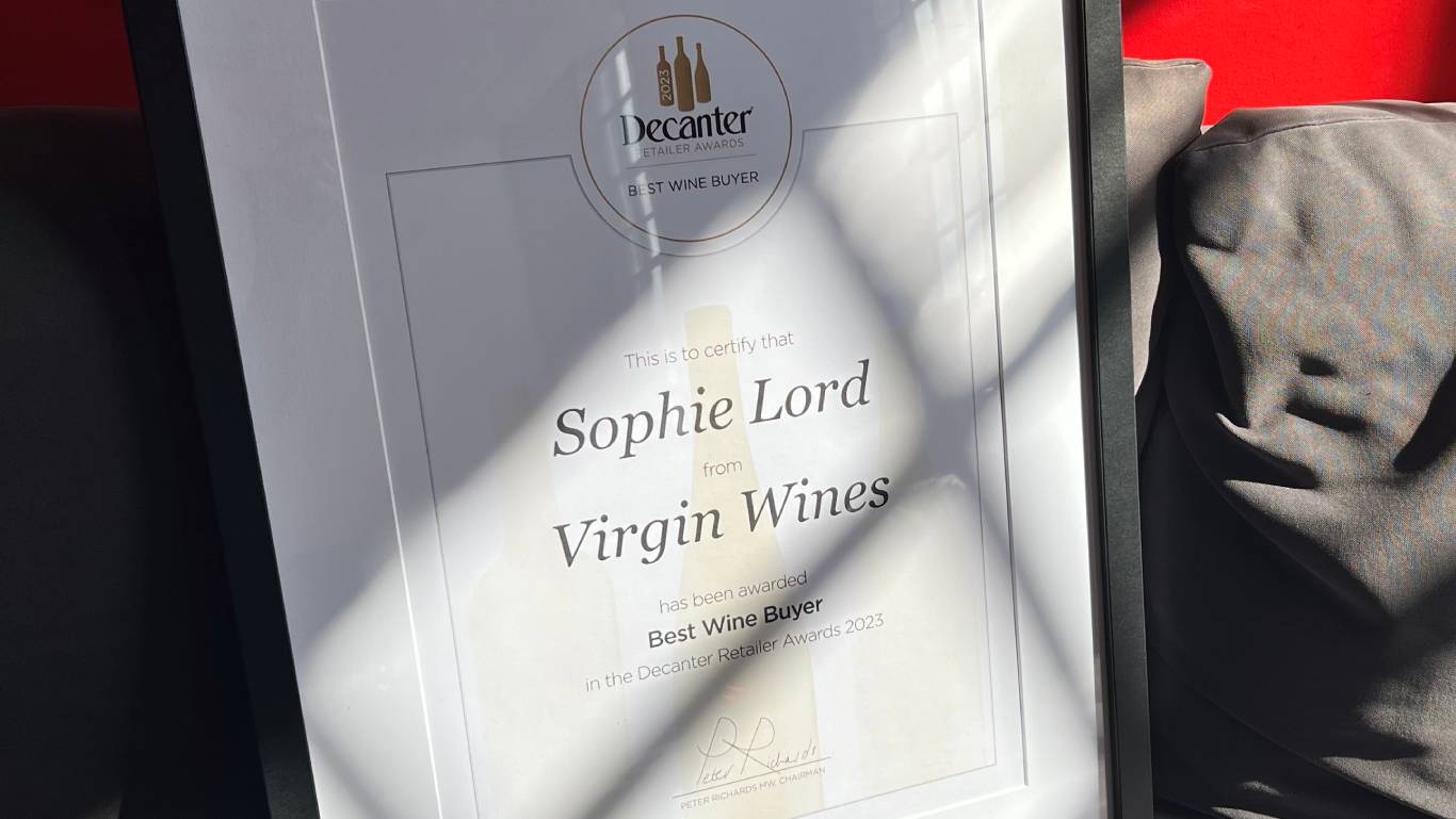 Close up of Decanter award won by Virgin Wines Head of Buying, Sophie Lord