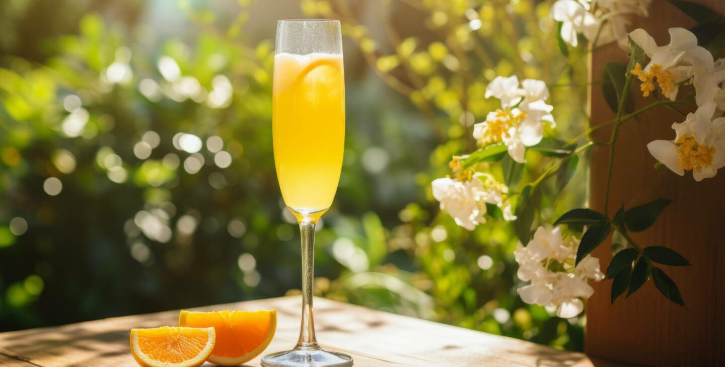 Mimosa cocktail in champagne flute with pretty flowers in the background
