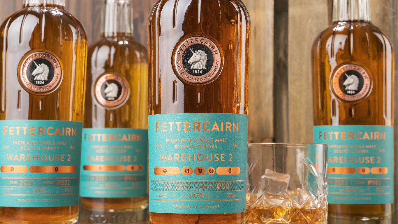 Close up of four bottles of Fettercairn whisky available at Virgin Wines
