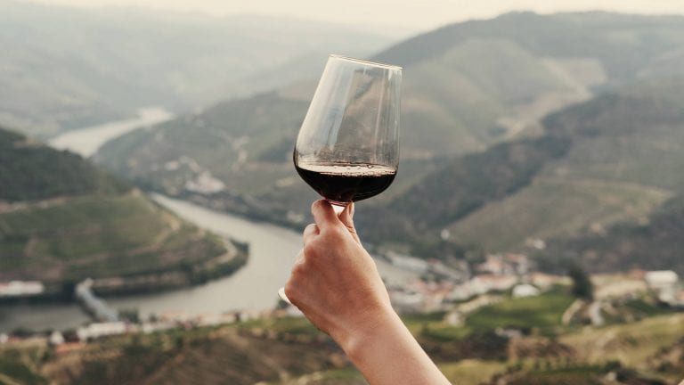 Hand holding a glass of red wine with the landscape of Douro Valley in the background
